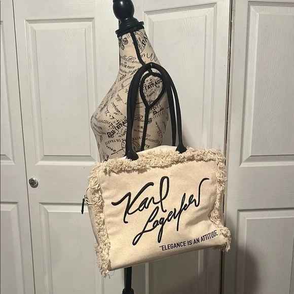 Karl Lagerfeld Paris "Elegance is Attitude" Cream Tote Bag - Picture 1 of 11